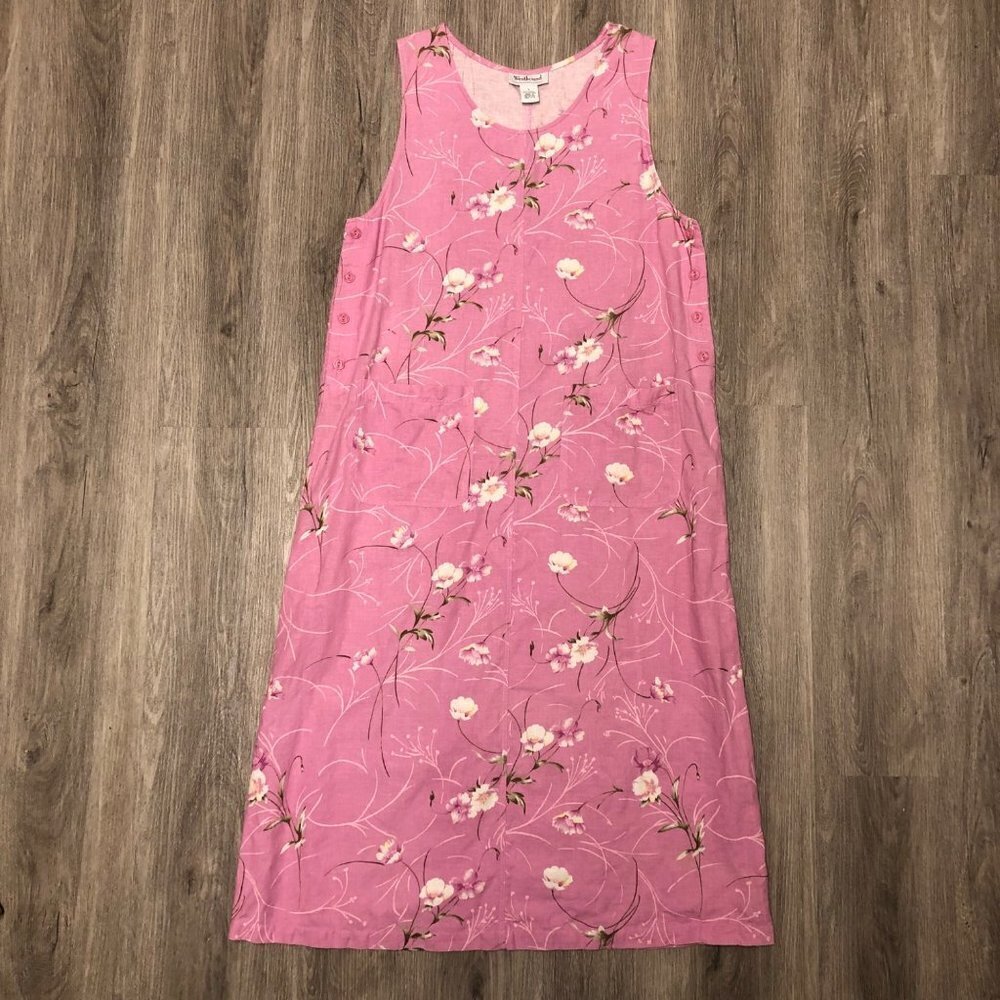 Vintage Floral Maxi Dress Linen Cotton Blend Women's Size Large Pink 90s Flowy